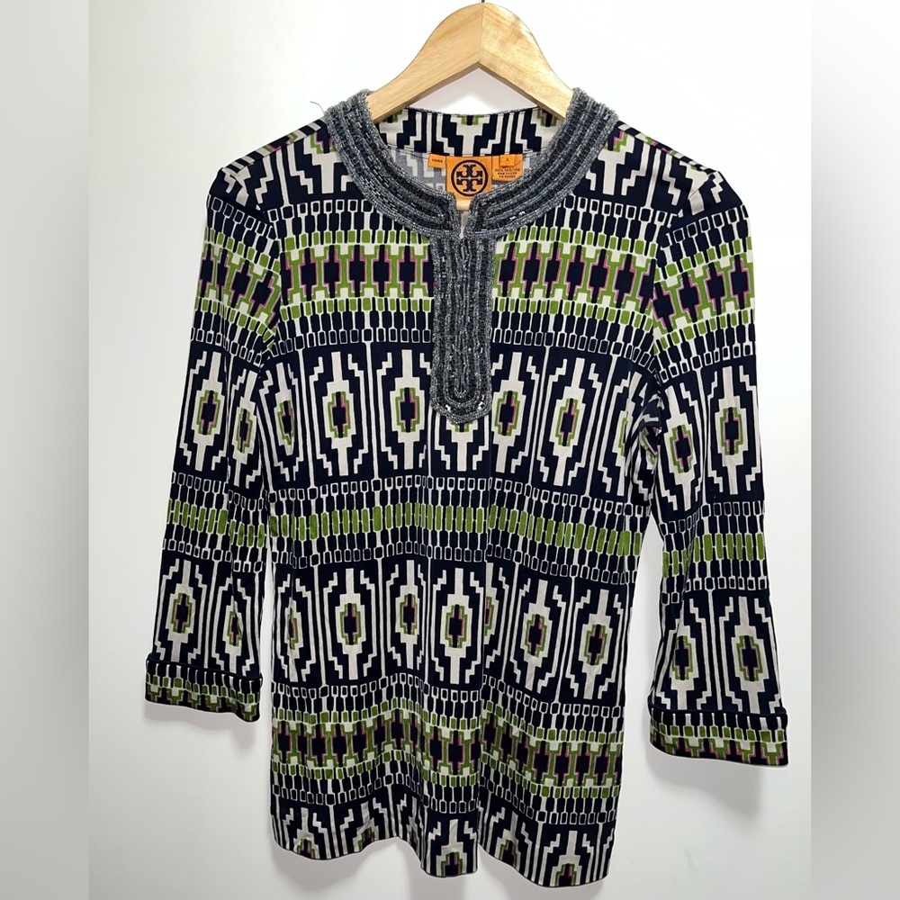 Tory Burch Silk Beaded Geometric Tunic Blouse Women’s Size Small - Picture 1 of 7